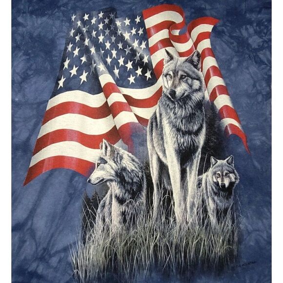 The Mountain Graphic T-Shirt Adult Medium Wolves American Flag Blue Tie Dye - Picture 4 of 9